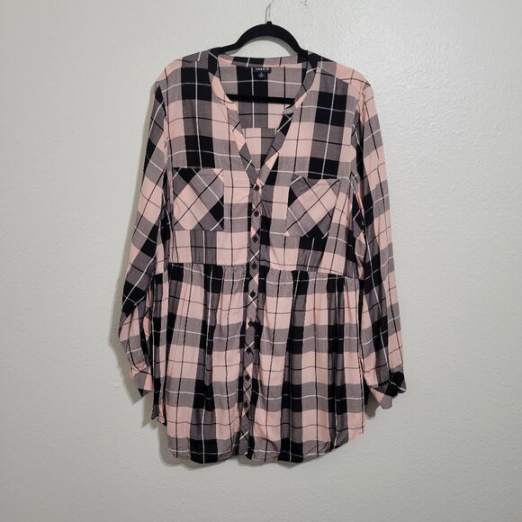 Torrid Plaid Pink Black Long Sleeve Peplum Button Up Blouse Size 3x (3) - Picture 1 of 7